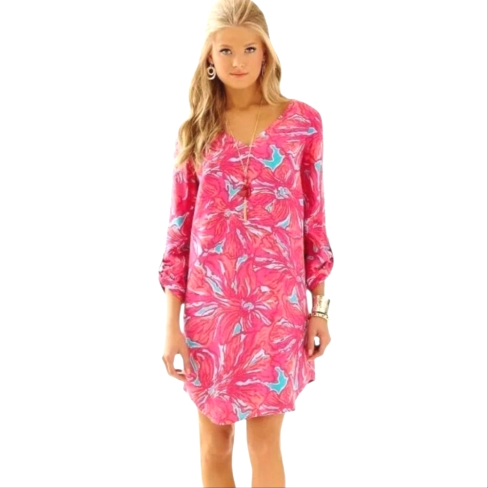 Lilly Pulitzer Arielle 3/4 Sleeve Pink Blue Sea Floral Shift Dress